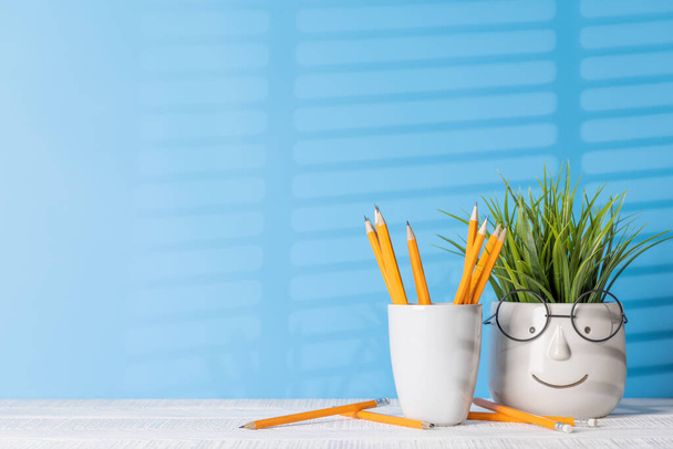 Una disposizione organizzata di matite e piante in vaso su una scrivania da ufficio, che offre ampio spazio per le vostre idee creative o testo - Foto, immagini
