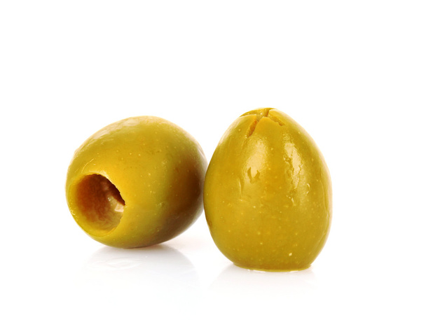 Two green olives isolated on white - Φωτογραφία, εικόνα