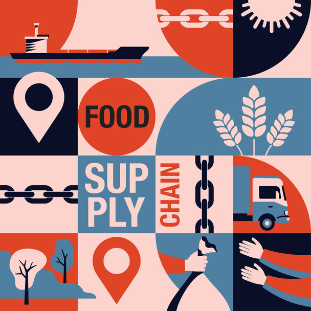 食品サプライチェーンと農業コンセプト - 農家,農業,連帯購買グループのための食糧生産配分消費構成 - ベクター画像