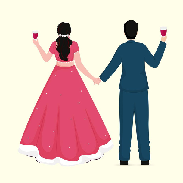 Rear View of Indian Newlywed Couple Holding Hands with Drink Glasses in Standing Pose. - Vector, afbeelding