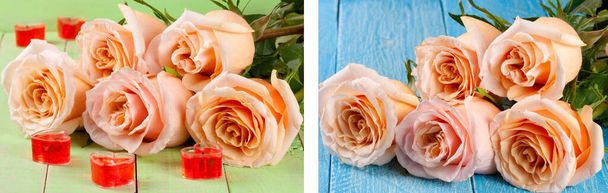 five beige rose with candles in the shape of heart on a green wooden background. - Photo, Image