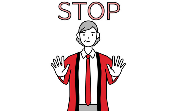 Mujer mayor vistiendo un abrigo rojo happi con las manos en frente de su cuerpo, señalando una parada, Vector Illustration - Vector, imagen
