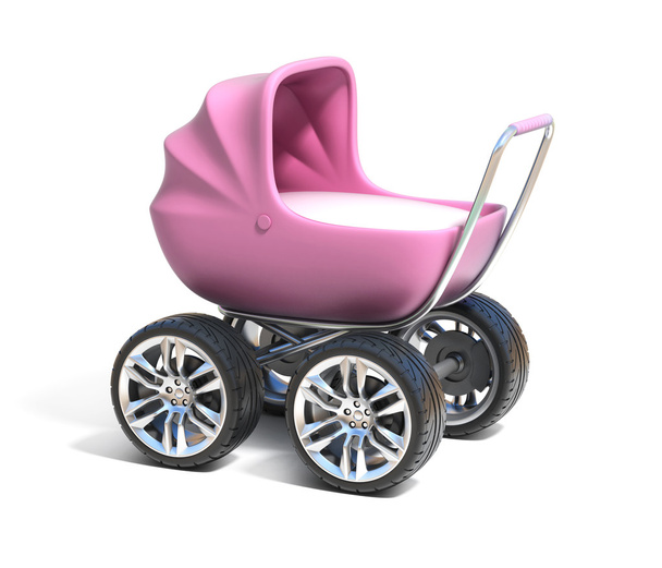Carruagem de bebê rosa com rodas de carro esporte
 - Foto, Imagem