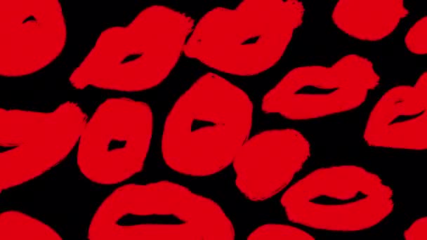 Cartone animato labbra scarabocchiare rosso sullo schermo nero. Semplice animazione di baci e segni di rossetto. Video stock romantico in 4K con canale alfa. - Filmati, video