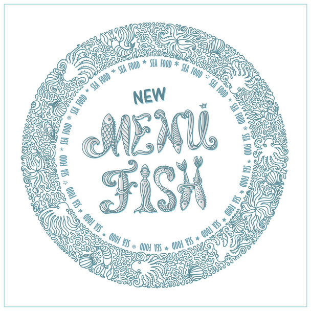 Nové rybí menu. Vektorové logo, věnec ze stylizované hvězdice, chobotnice, lastura ústřice, korály, mořské řasy, sépie, olihně. Písmena z mořských ryb  - Vektor, obrázek