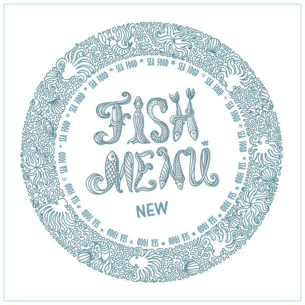 Nové rybí menu. Vektorové logo, věnec ze stylizované hvězdice, chobotnice, lastura ústřice, korály, mořské řasy, sépie, olihně. Písmena z mořských ryb  - Vektor, obrázek