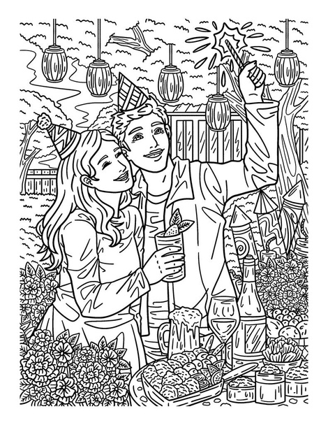 Симпатична і красива розмальовка пари, що святкує Новий рік. Надає години розмальовки веселощів для дорослих. - Вектор, зображення