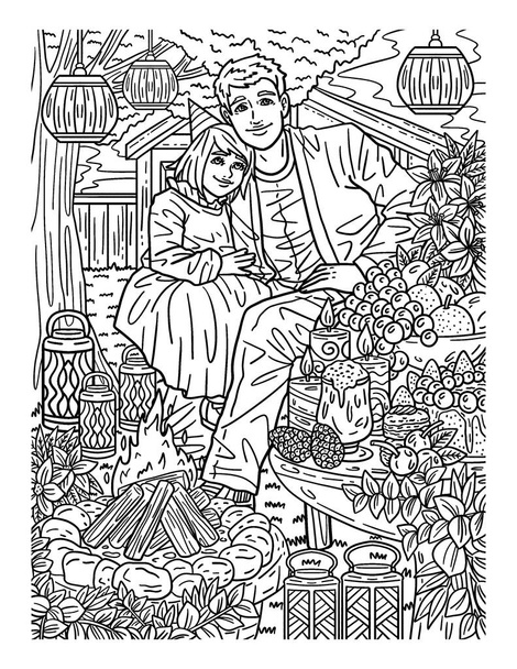 A cute and beautiful coloring page of a Parent and child over the bonfire. Provides hours of coloring fun for adults. - Vector, Image
