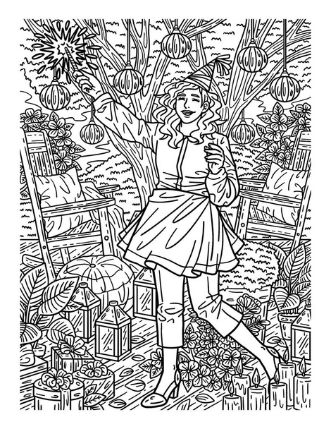 A cute and beautiful coloring page of a Woman with Sparkler. Provides hours of coloring fun for adults. - Vector, Image