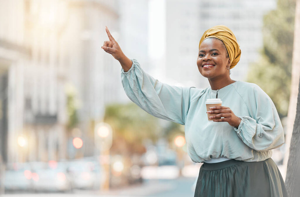 Travel, city and happy black woman try to stop taxi, cab or metro bus for transport, morning journey or ride. Smile, road transportation service and African person gesture at car for urban commute. - Photo, Image