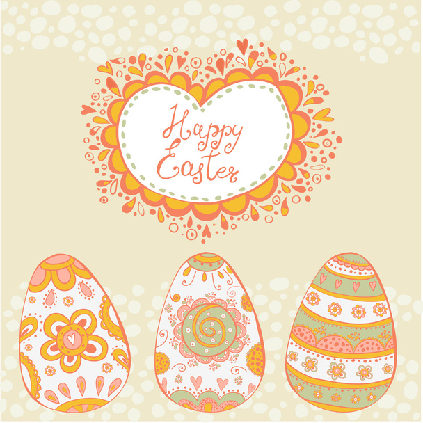 Světlé happy Velikonoční přání ve vektoru. Velikonoční vejce v roztomilý kreslený styl. Stylová rekreační pozadí - Vektor, obrázek