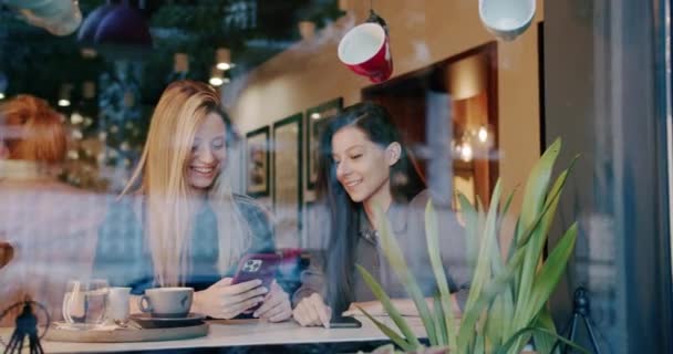 Merry girlfriends chatting in cafe. Handheld shot of young woman gesticulating and telling story to optimistic blond girlfriend while sitting at cafeteria table behind window - Footage, Video