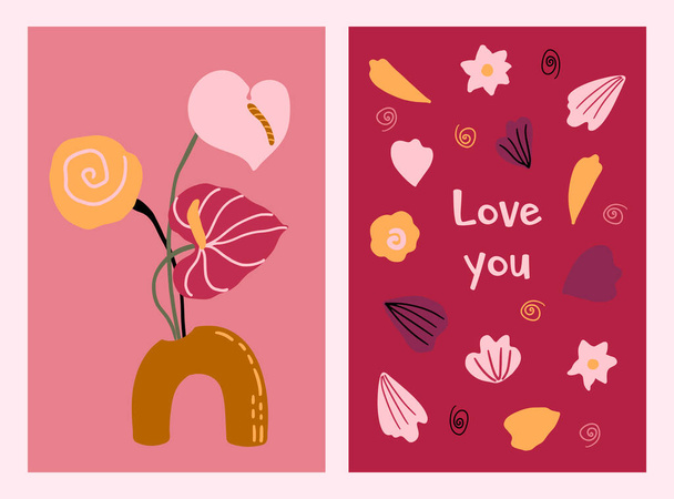 Cartes postales peintes à la main pour la Saint-Valentin. abstrait tendances rose formes florales géométriques simples, fleurs d'anthurium, fleurs de pavot dans un vase, formes boho. Carte de vœux, modèle de médias sociaux - Vecteur, image