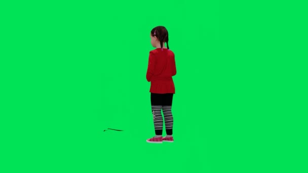 3D καθιστούν την πράσινη οθόνη chroma κλειδί animation απομονωμένη Το κοριτσάκι κοιτάζει γύρω σε όρθια θέση από τη γωνία της μασχάλης και της πλάτης - Πλάνα, βίντεο