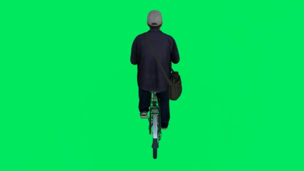 3d renderizar pantalla verde croma clave animación aislado anciano va a trabajar en bicicleta desde el ángulo de la espalda - Metraje, vídeo