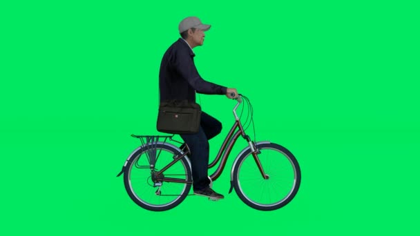 3D рендеринг зеленый экран хрома ключ анимации изолированный Старик собирается работать на велосипеде с бокового угла - Кадры, видео