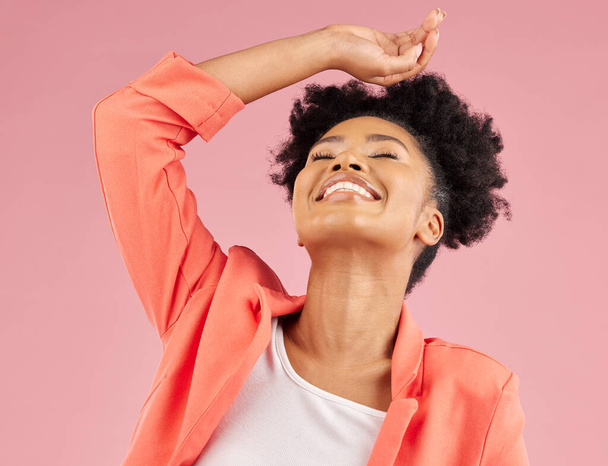 Fashion, beauty and thinking with a black woman laughing in studio isolated on pink background for trendy style. Smile, hair and comedy with a happy young female comic posing in a clothes outfit. - Photo, Image