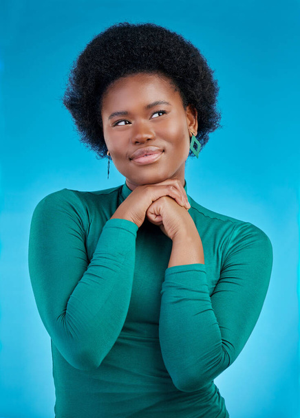 Opportunity, thinking and black woman with solution, choice or decision on a blue studio background. Female person, creative or model with inspiration, planning or emoji with ideas or problem solving. - Fotografie, Obrázek