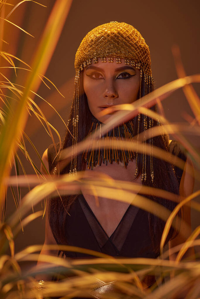 Mujer elegante en estilo egipcio mirando a la cámara cerca de plantas borrosas aisladas en marrón - Foto, imagen