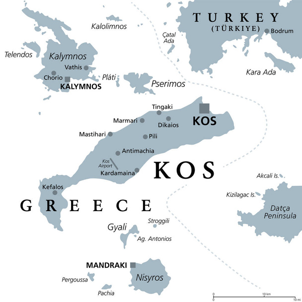 Kos, griechische Insel, graue politische Landkarte. Auch Cos, ein Teil der Dodekanes-Inseln in der Ägäis, neben der türkischen Halbinsel Bodrum. Mit Kalymnos, Nisyros, Pserimos und kleineren Nachbarinseln. - Vektor, Bild