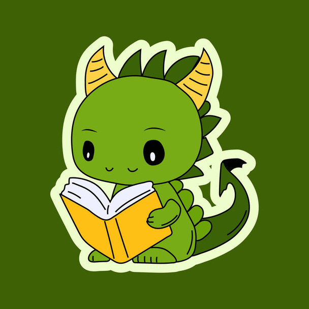 Ilustración de stock aislado Emoji personaje de dibujos animados dinosaurio dragón verde leyendo un emoticono etiqueta libro para el sitio, gráficos de información, video, animación - Vector, Imagen