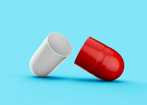 Cápsula farmacéutica abierta roja y blanca del antibiótico 3d en fondo azul suave, ilustración 3d - Foto, imagen