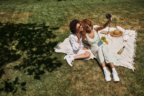despreocupado afroamericano novias tomando selfie en vintage cámara en césped en verano parque, bandera - Foto, Imagen