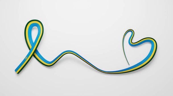 3d Прапор Руанди у формі серця Блискуча хвиля Поінформованість Прапор стрічки На білому тлі 3d ілюстрація - Фото, зображення