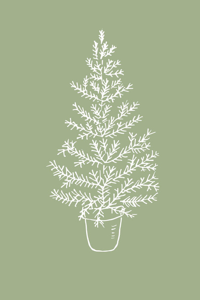 Albero di Natale per congratulazioni Buon anno nuovo stile minimalista vettoriale illustrazione. Modello festivo disegnato inchiostro per congratulazioni per vacanze invernali. Boho stile sfondo elemento di design  - Vettoriali, immagini