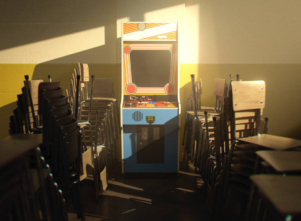 A vintagegeneric arcade video game cabinet on a yellow wall in a room flanked with stacked chairs lit by a window light - 3D render - Photo, Image