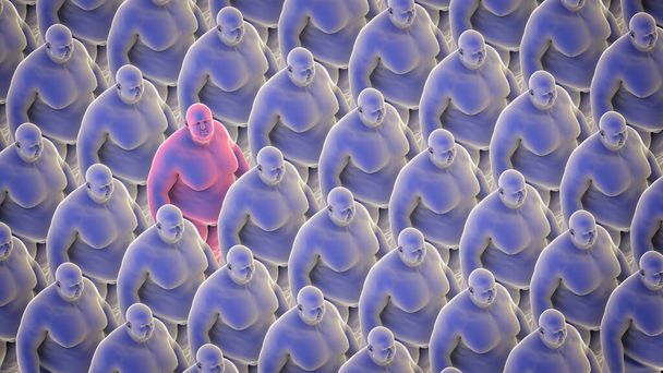Geklonte Übergewichtige, die organisiert stehen und eine Person in die Kamera schaut, 3D-Illustration symbolisiert Fettleibigkeitsepidemie und Gesundheitsbewusstsein. - Foto, Bild