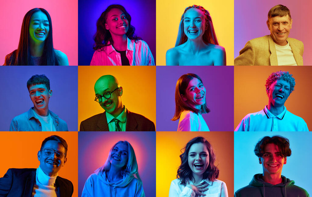 Collage made of portraits of different young people, men and women smiling against multicolored background in neon light. Concept of human emotions, lifestyle, facial expression. Ad - Photo, image
