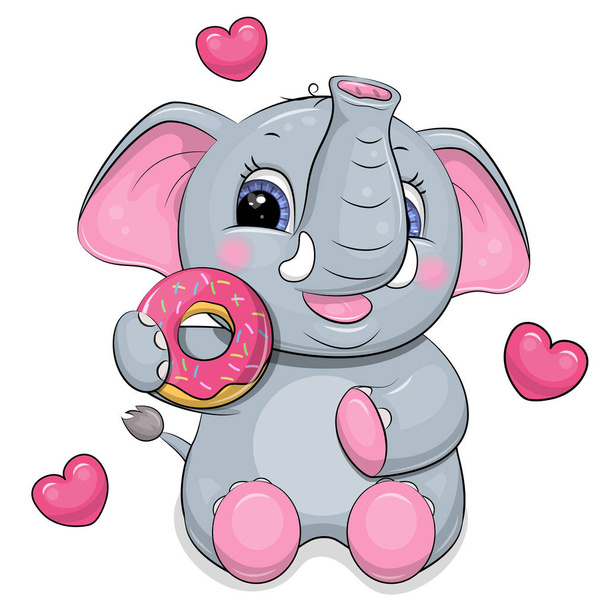 Cute cartoon elephant with a donut. Vector illustration of an animal with pink hearts on a white background. - Vector, Image