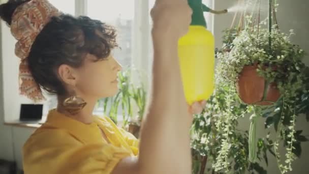Вид сбоку грудь вверх снимок молодой женщины полива комнатное стекло в висячий горшок, заботясь о внутреннем саду на дому - Кадры, видео