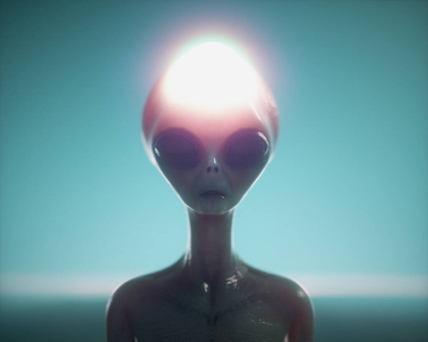 Glühender Alien-Kopf. Unbekannt und Ufo-Konzept. Dies ist eine 3D-Darstellung. - Foto, Bild