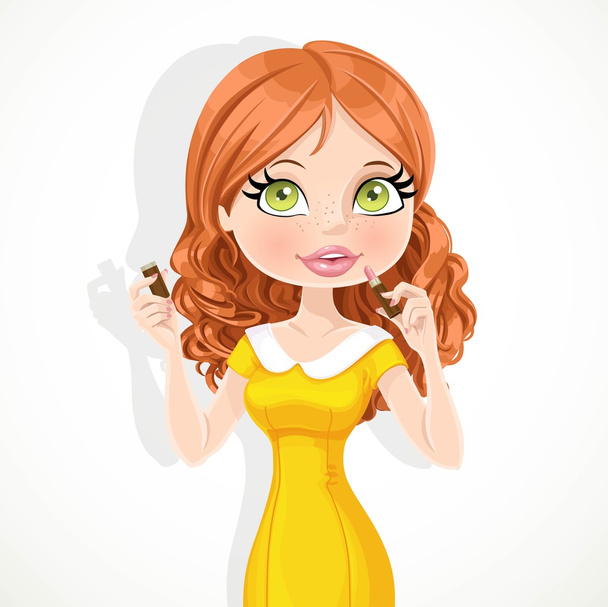 Beautiful brunette girl in yellow dress color lipstick isolated  - Vettoriali, immagini