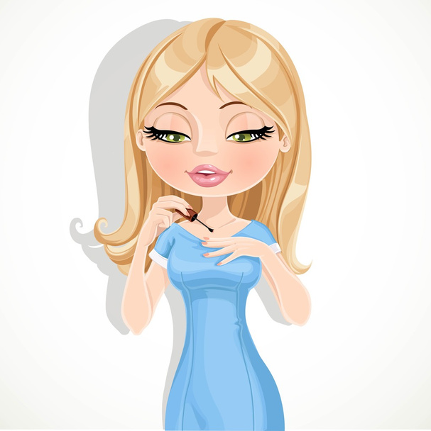 Beautiful blond girl in a blue dress paints her nails isolated o - Vector, imagen