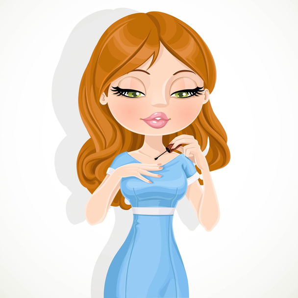 Beautiful brunette girl in a blue dress paints her nails isolate - Vector, Image