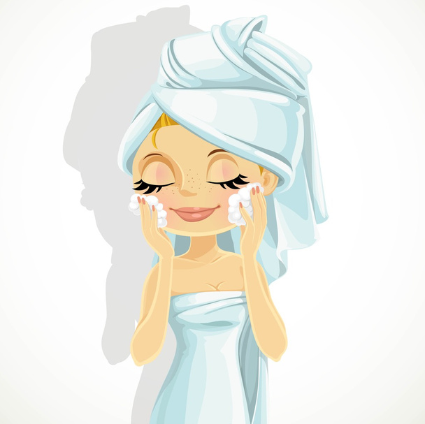Cute girl washes facial wash isolated on a white background - Vektor, Bild