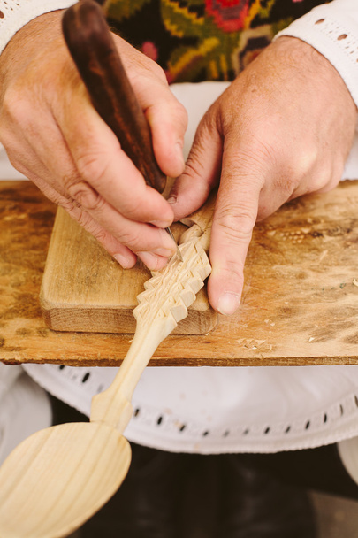 wood spoon carving sculpting romanian craftsmen - Photo, Image