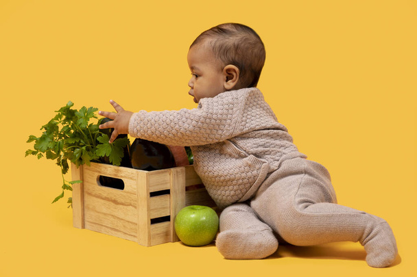Pequeño granjero. Lindo bebé jugando con verduras maduras frescas y frutas sentado cerca de la caja de madera con la cosecha sobre fondo amarillo, Studio Shot. Compra de comestibles y productos alimenticios saludables - Foto, imagen