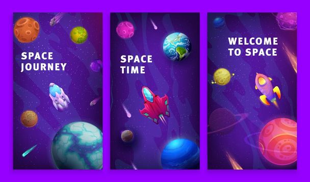 Αφίσες κινουμένων σχεδίων, ταξίδι στο γαλαξία με πλανήτες, αστέρια και διαστημόπλοιο. Κόσμος και Σύμπαν διερευνήσει και έρευνα vector banners με ακάτους που φέρουν στον ουρανό με πολύχρωμα αντικείμενα του ηλιακού συστήματος - Διάνυσμα, εικόνα