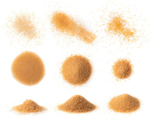 Brown Sugar isolated, Cane Suga Piles Set on White Background, Raw Unrefined Sugarcane Heap Collection - Photo, Image