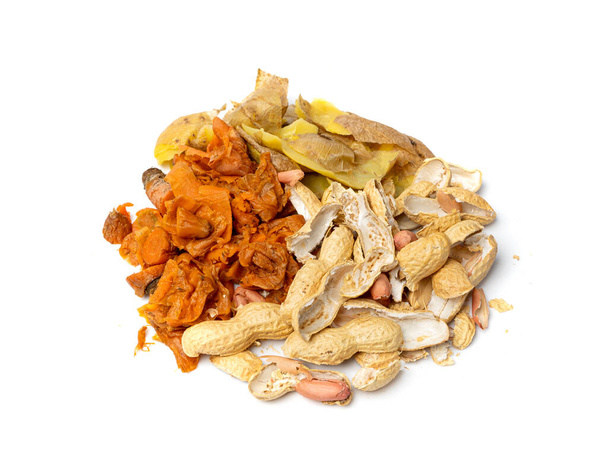 Eco Bio Garbage Mix, Organic Waste with Carrot Peel, Boiled Potato Skins, Peanut Husks, Compost Ingredient on White Background - Фото, зображення