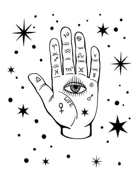 Kleurrijke Alziende ogen op de handpalmen. Mystieke achtergrond. Vector boho illustratie voor palmist, numerologie en astrologie. - Vector, afbeelding
