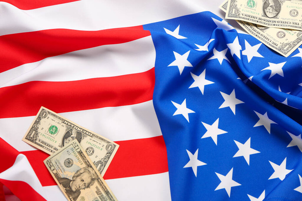 Flag of USA and dollar banknotes - 写真・画像