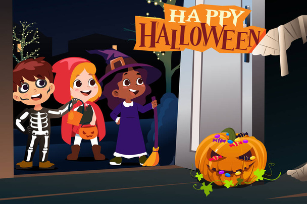 A vector illustration of Children in Halloween Costume Doing Trick or Treat  - Vector, Image