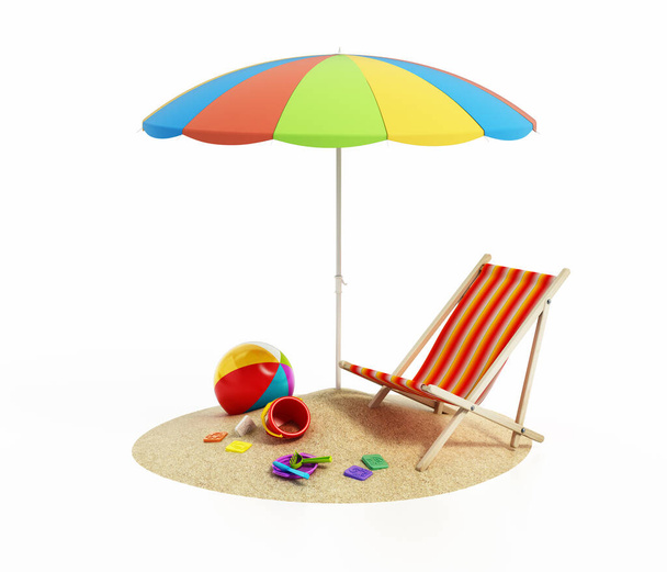 Beach parasol, sun chair and beach toys isolated on white background. 3D illustration. - Photo, Image