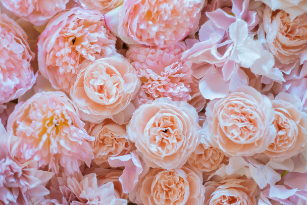 Floral background texture for ceremony or photo shoot. Artificial flowers in pastel colors on the wall. Selective focus. - 写真・画像
