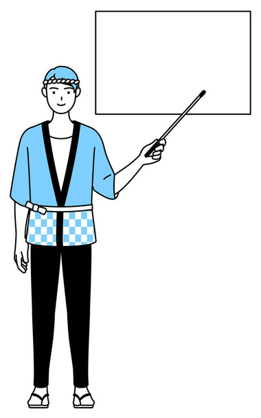 Mies yllään Happi takki kesän festivaaleilla osoittaa valkotaulu indikaattori tikku, Vector Illustration - Vektori, kuva